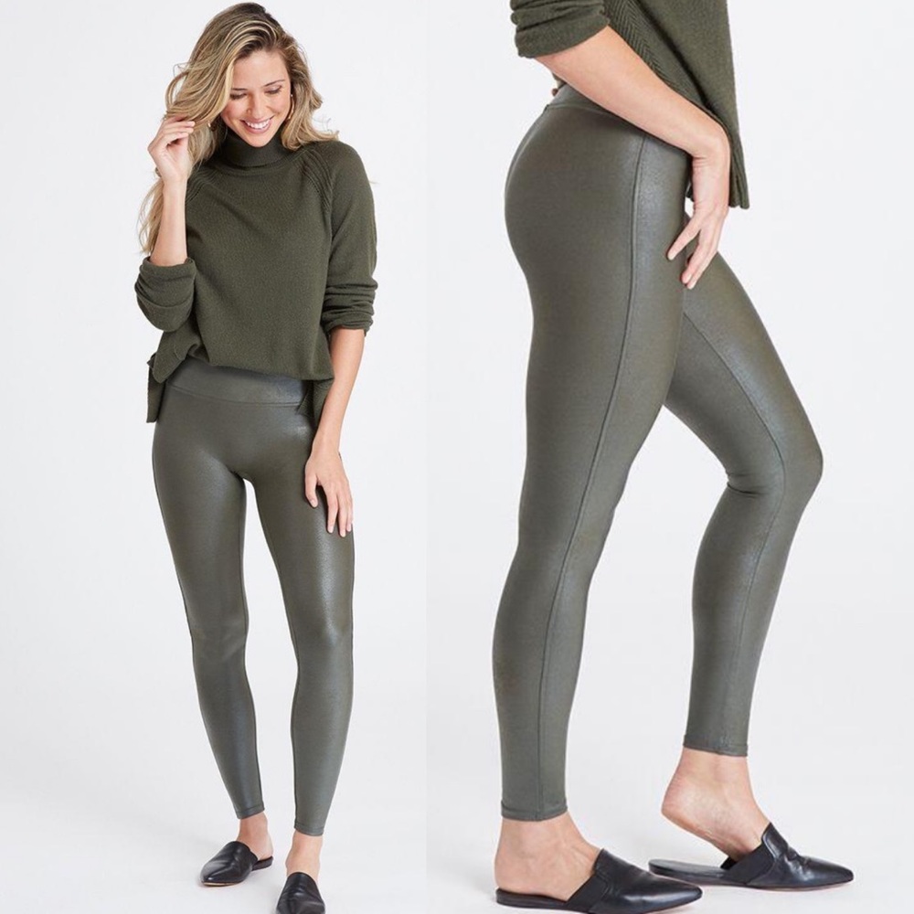 SPANX Faux Leather in Rich Olive Leggings size Medium